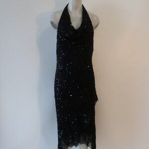 Womens Bloomingdale's Black  Sequined Pure Silk Asymmetric Halter Dress XL
